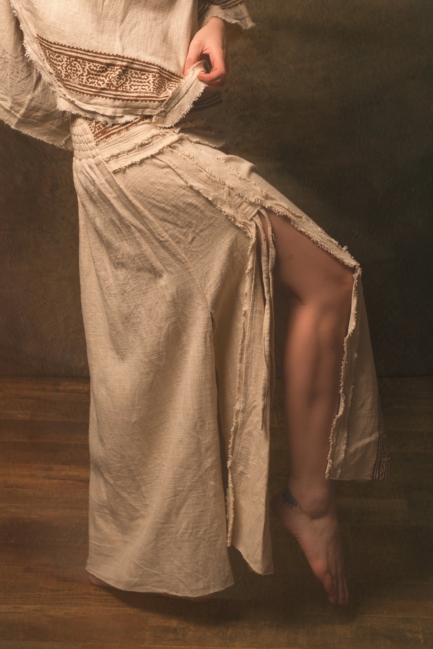 NARIAH Skirt Beige Handmade Cotton Block Printed Tribal Patterns Natural Dyed Fairy Gypsy Boho Festival Ceremony Ritual AJJAYA