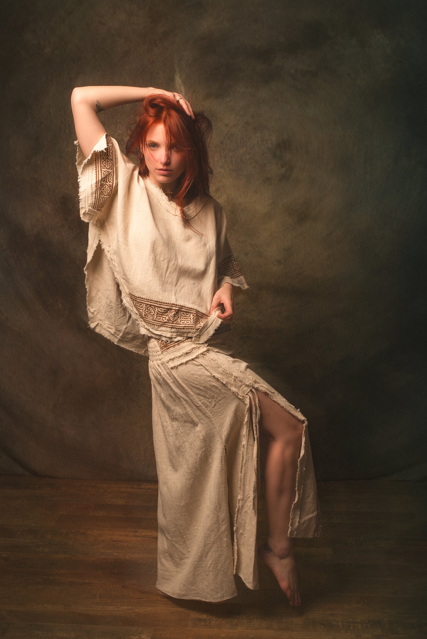 KURA Mini Poncho Top Beige Natural Cotton Block Printed Tribal Patterns Shirt Festival Ceremony Fairy Boho AJJAYA