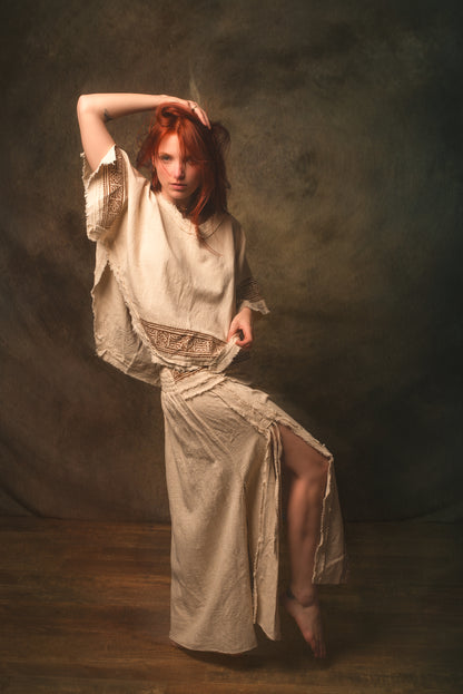 KURA Mini Poncho Top Beige Natural Cotton Block Printed Tribal Patterns Shirt Festival Ceremony Fairy Boho AJJAYA