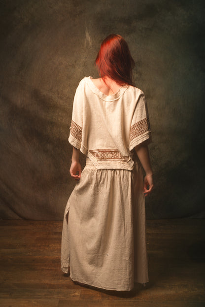 KURA Mini Poncho Top Beige Natural Cotton Block Printed Tribal Patterns Shirt Festival Ceremony Fairy Boho AJJAYA