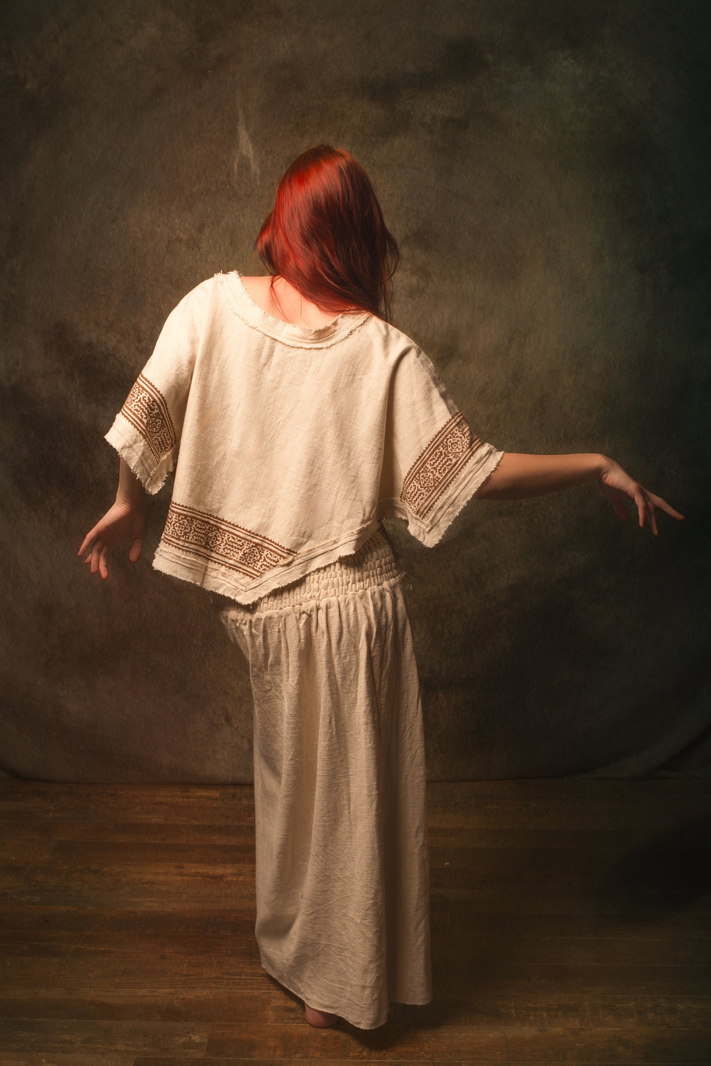 KURA Mini Poncho Top Beige Natural Cotton Block Printed Tribal Patterns Shirt Festival Ceremony Fairy Boho AJJAYA