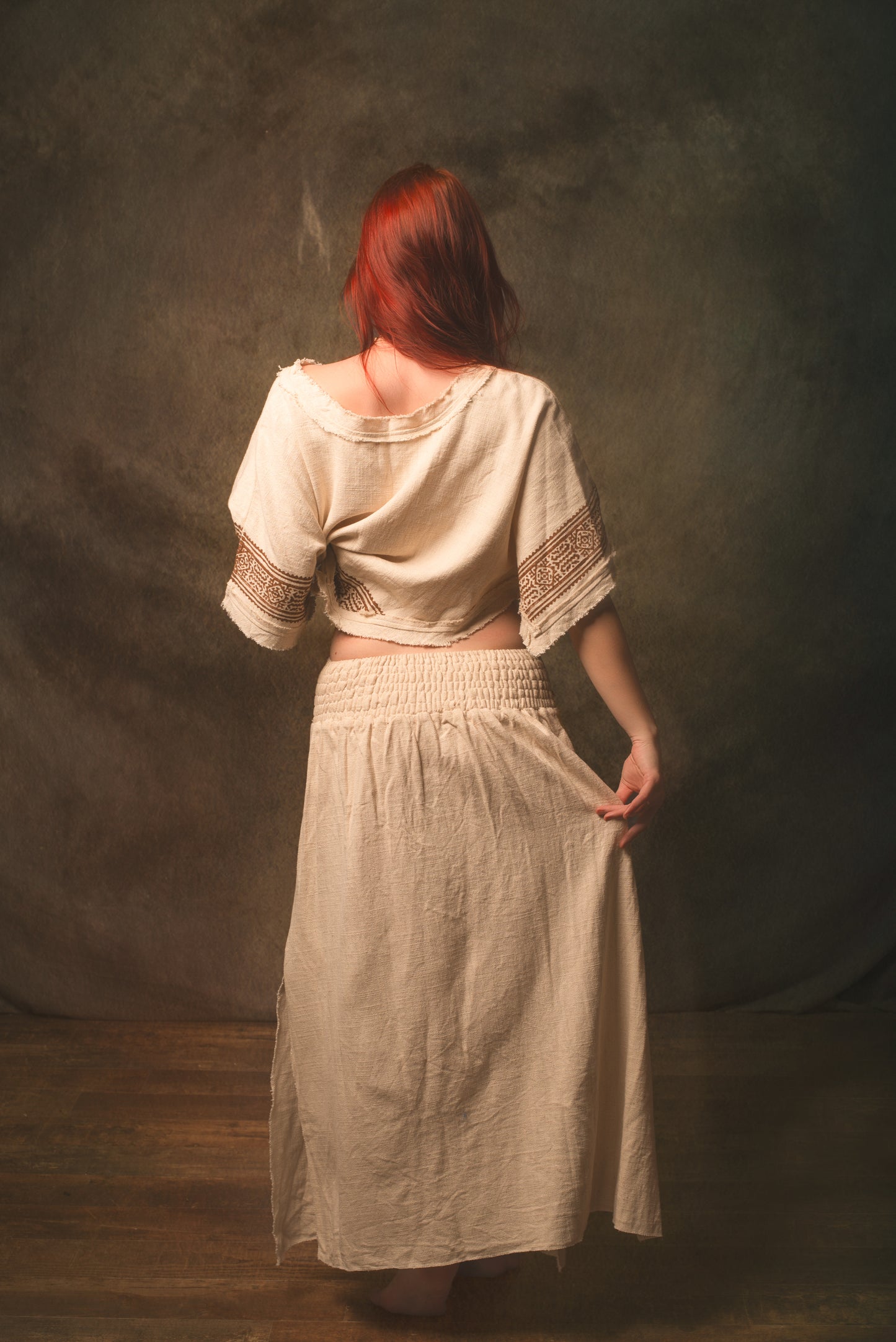 NARIAH Skirt Beige Handmade Cotton Block Printed Tribal Patterns Natural Dyed Fairy Gypsy Boho Festival Ceremony Ritual AJJAYA