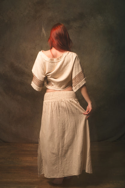 NARIAH Skirt Beige Handmade Cotton Block Printed Tribal Patterns Natural Dyed Fairy Gypsy Boho Festival Ceremony Ritual AJJAYA