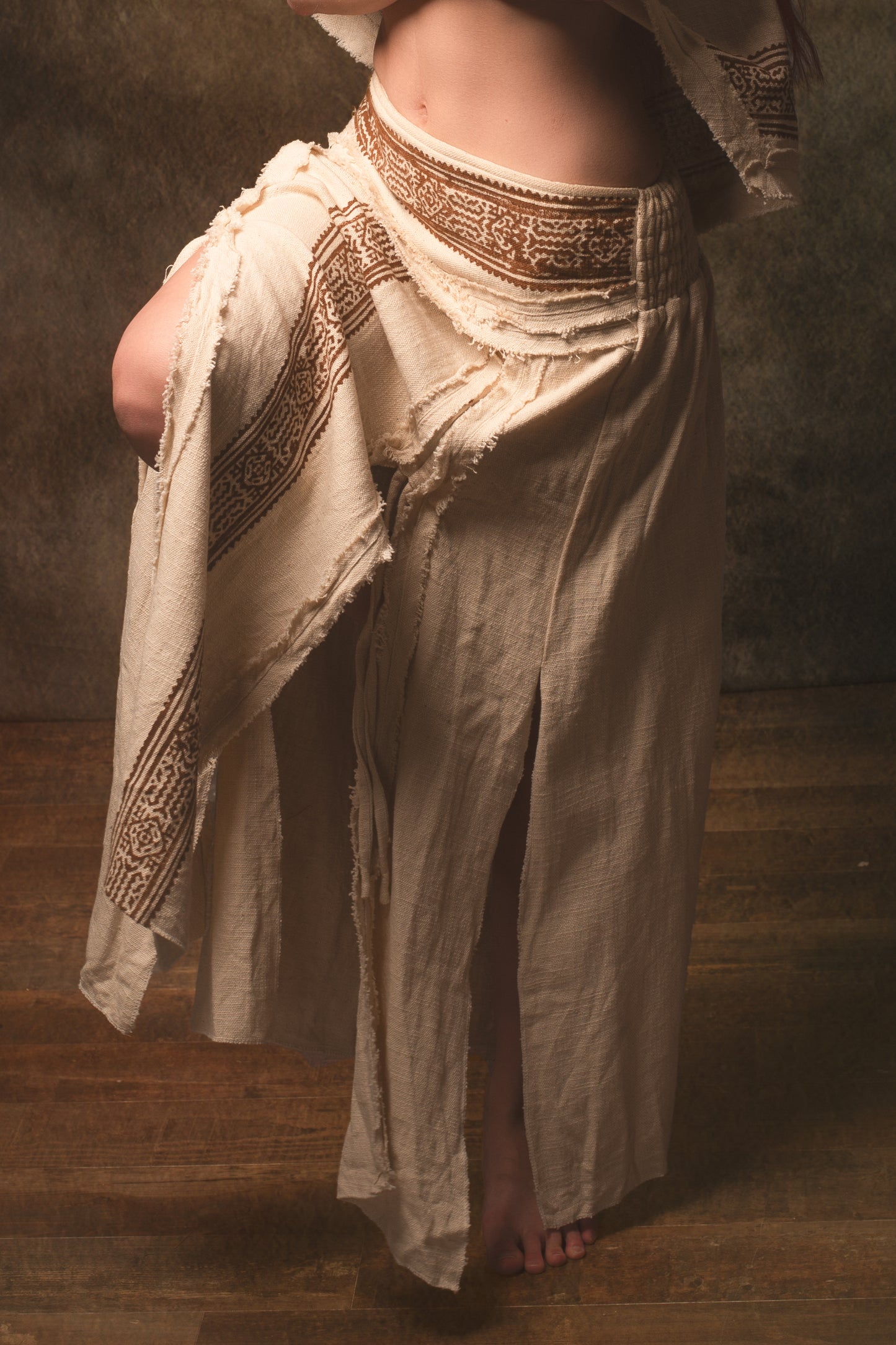 NARIAH Skirt Beige Handmade Cotton Block Printed Tribal Patterns Natural Dyed Fairy Gypsy Boho Festival Ceremony Ritual AJJAYA