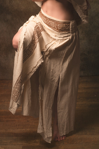 NARIAH Skirt Beige Handmade Cotton Block Printed Tribal Patterns Natural Dyed Fairy Gypsy Boho Festival Ceremony Ritual AJJAYA