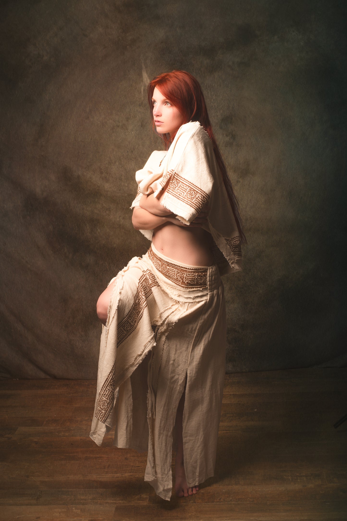 NARIAH Skirt Beige Handmade Cotton Block Printed Tribal Patterns Natural Dyed Fairy Gypsy Boho Festival Ceremony Ritual AJJAYA