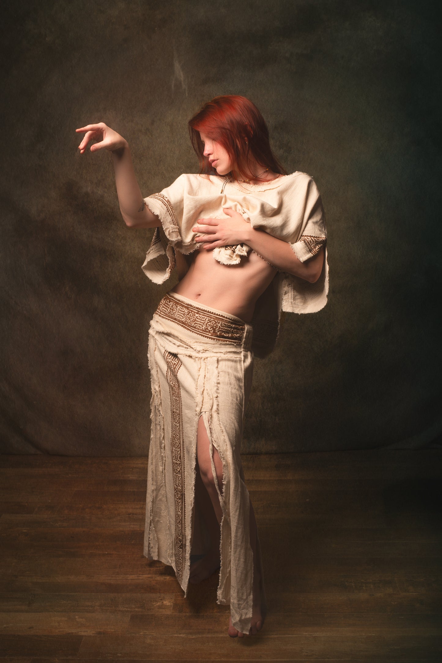 NARIAH Skirt Beige Handmade Cotton Block Printed Tribal Patterns Natural Dyed Fairy Gypsy Boho Festival Ceremony Ritual AJJAYA