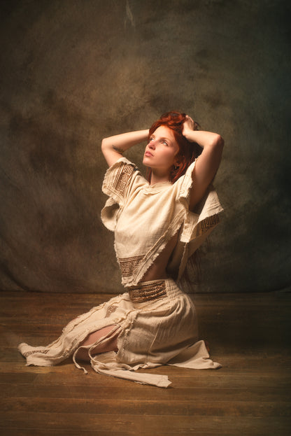 KURA Mini Poncho Top Beige Natural Cotton Block Printed Tribal Patterns Shirt Festival Ceremony Fairy Boho AJJAYA