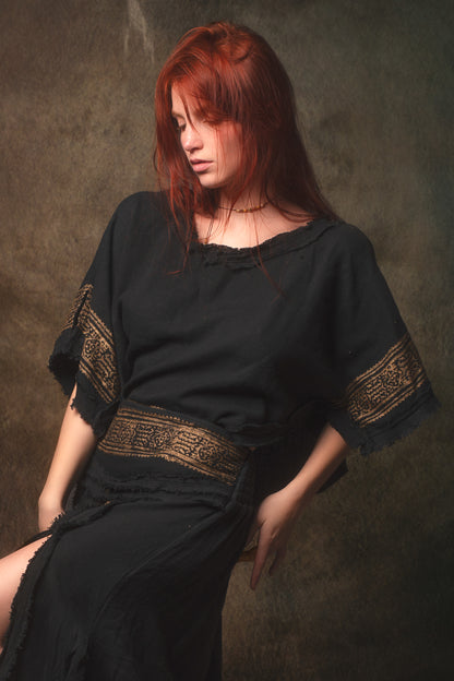 KURA Mini Poncho Top Natural Cotton Block Printed Tribal Patterns Shirt Festival Ceremony Fairy Boho AJJAYA