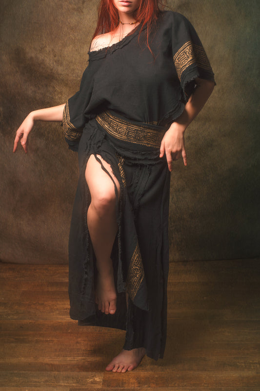 NARIAH Skirt Black Handmade Cotton Block Printed Tribal Patterns Natural Dyed Fairy Gypsy Boho Festival Ceremony Ritual AJJAYA