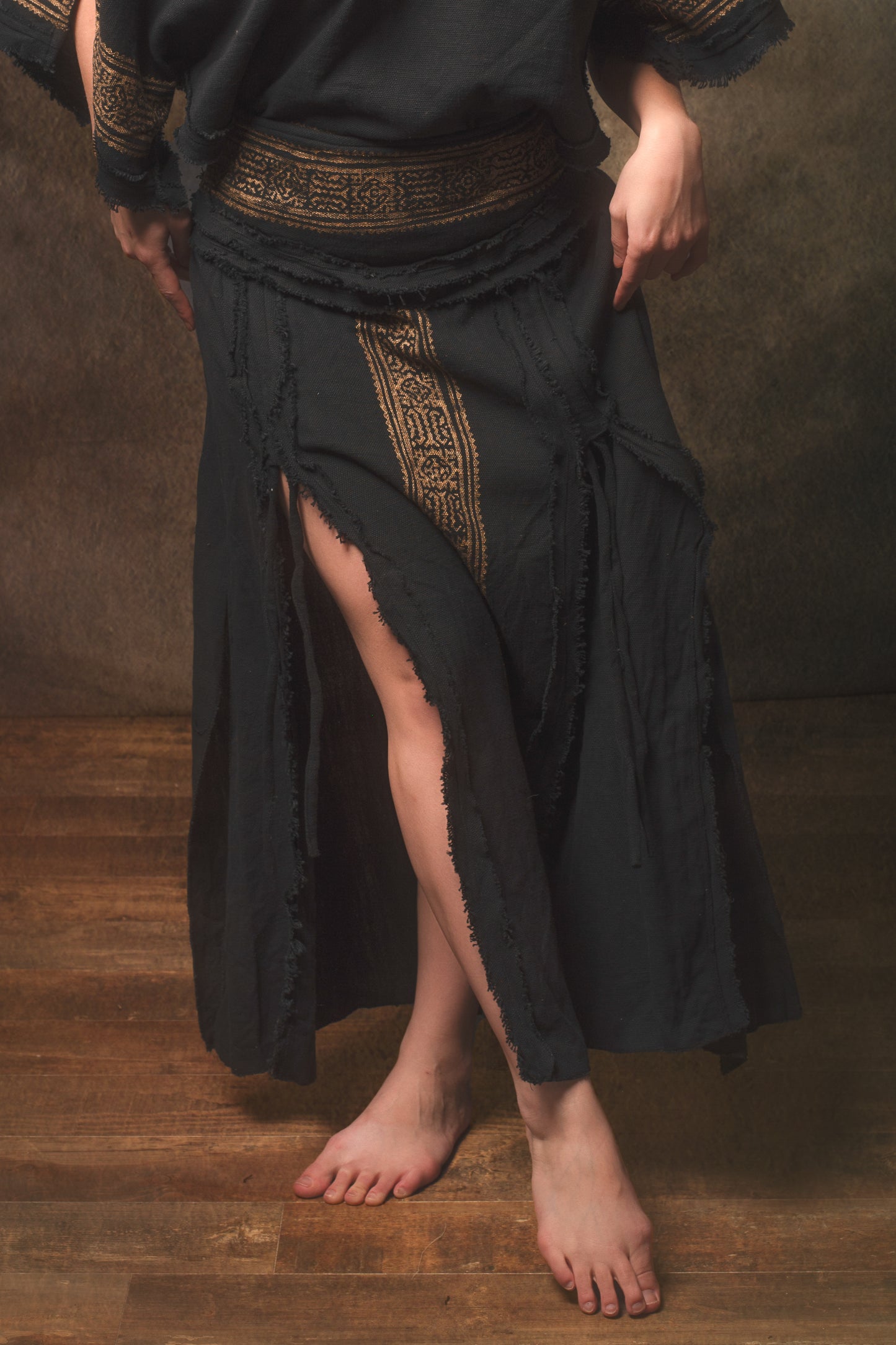 NARIAH Skirt Black Handmade Cotton Block Printed Tribal Patterns Natural Dyed Fairy Gypsy Boho Festival Ceremony Ritual AJJAYA