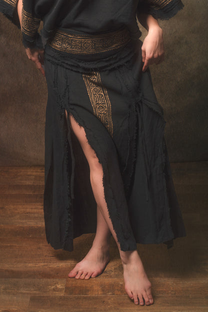 NARIAH Skirt Black Handmade Cotton Block Printed Tribal Patterns Natural Dyed Fairy Gypsy Boho Festival Ceremony Ritual AJJAYA