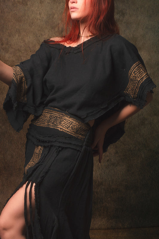 KURA Mini Poncho Top Natural Cotton Block Printed Tribal Patterns Shirt Festival Ceremony Fairy Boho AJJAYA