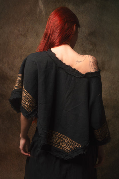 KURA Mini Poncho Top Natural Cotton Block Printed Tribal Patterns Shirt Festival Ceremony Fairy Boho AJJAYA