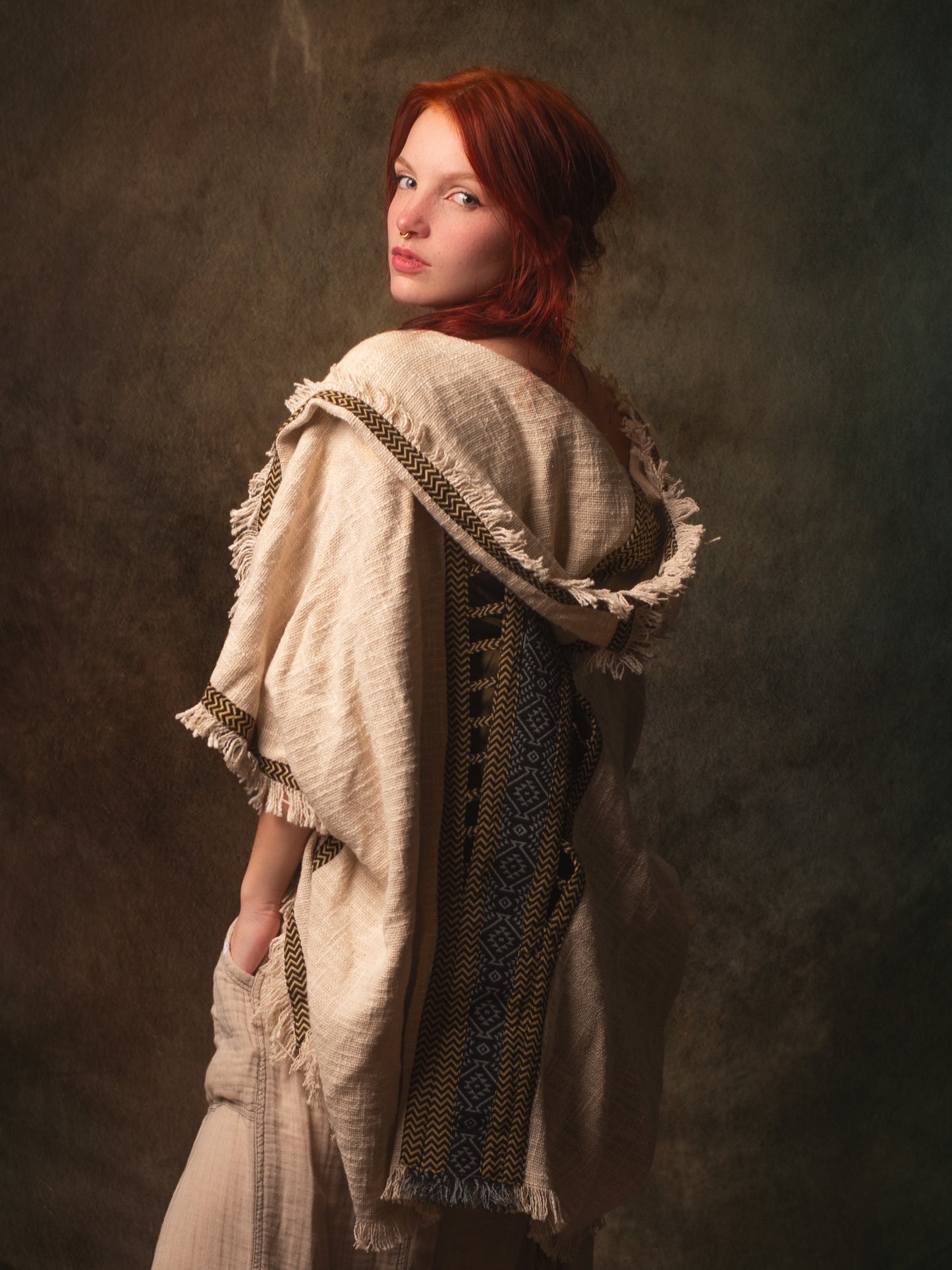 WIZARD Womens Hooded Vest Kimono Beige Tribal Ritual Ceremony Shamanic Gypsy Festival Magic Ritual Alchemy Primitive Rave Boho Earthy AJJAYA