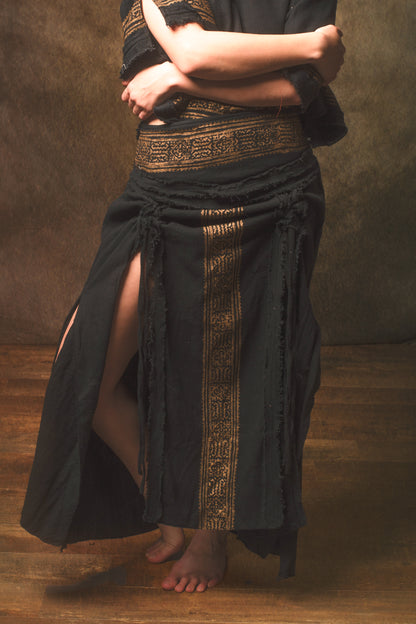 NARIAH Skirt Black Handmade Cotton Block Printed Tribal Patterns Natural Dyed Fairy Gypsy Boho Festival Ceremony Ritual AJJAYA