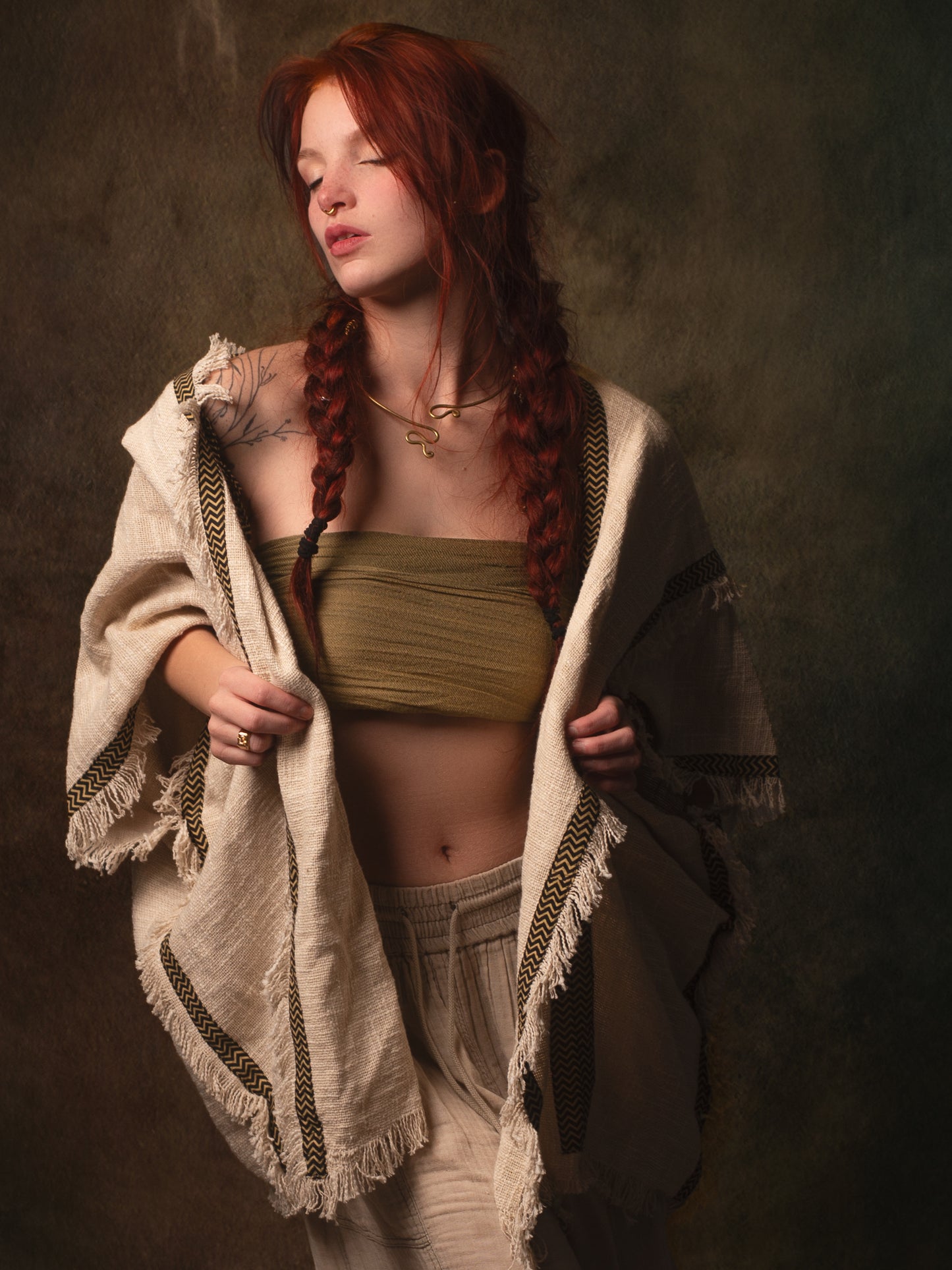 WIZARD Womens Hooded Vest Kimono Beige Tribal Ritual Ceremony Shamanic Gypsy Festival Magic Ritual Alchemy Primitive Rave Boho Earthy AJJAYA