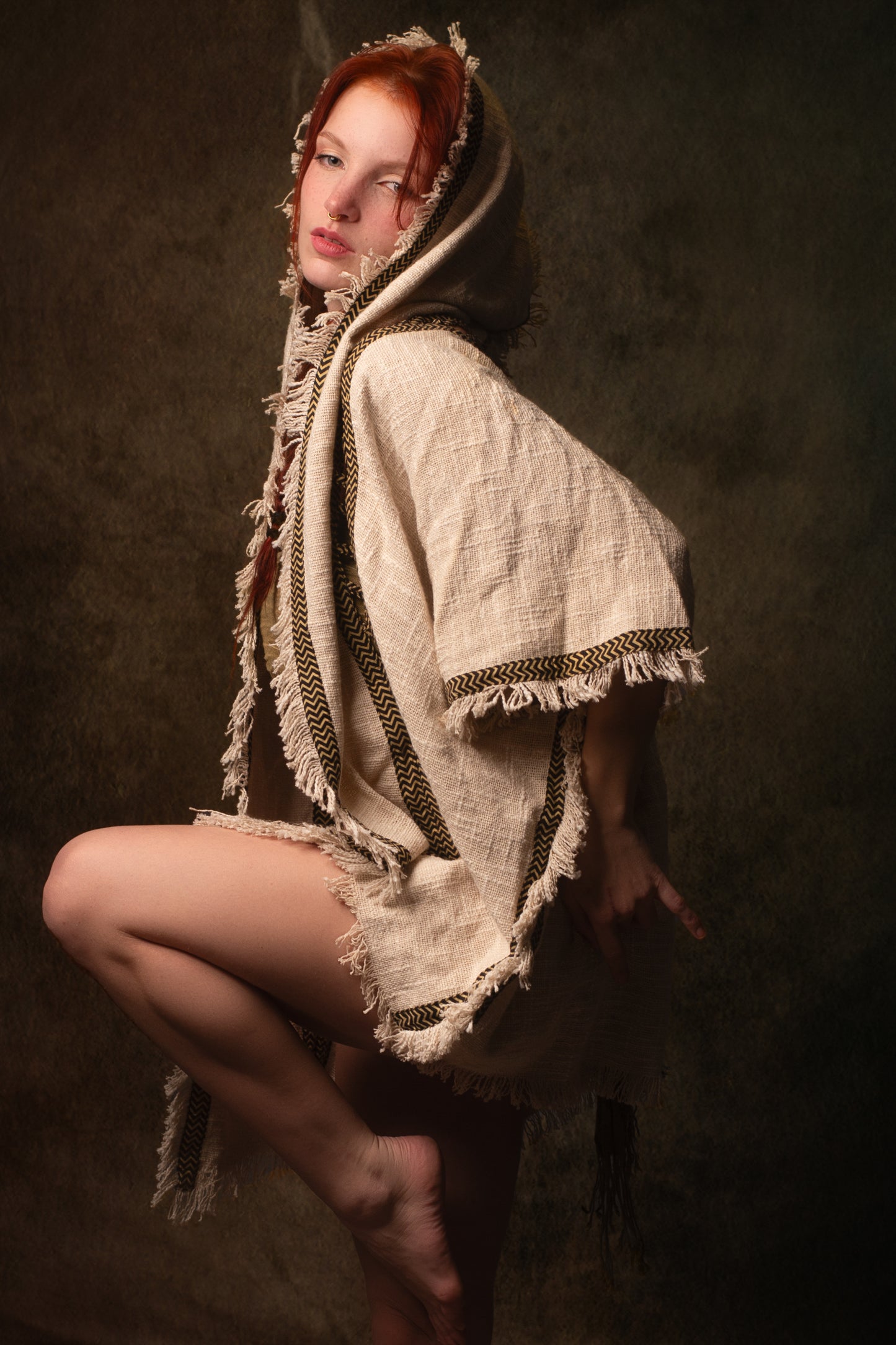 WIZARD Womens Hooded Vest Kimono Beige Tribal Ritual Ceremony Shamanic Gypsy Festival Magic Ritual Alchemy Primitive Rave Boho Earthy AJJAYA