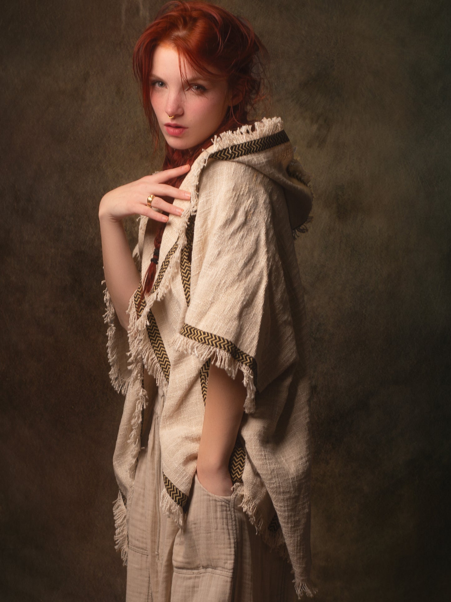 WIZARD Womens Hooded Vest Kimono Beige Tribal Ritual Ceremony Shamanic Gypsy Festival Magic Ritual Alchemy Primitive Rave Boho Earthy AJJAYA