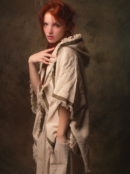 WIZARD Womens Hooded Vest Kimono Beige Tribal Ritual Ceremony Shamanic Gypsy Festival Magic Ritual Alchemy Primitive Rave Boho Earthy AJJAYA