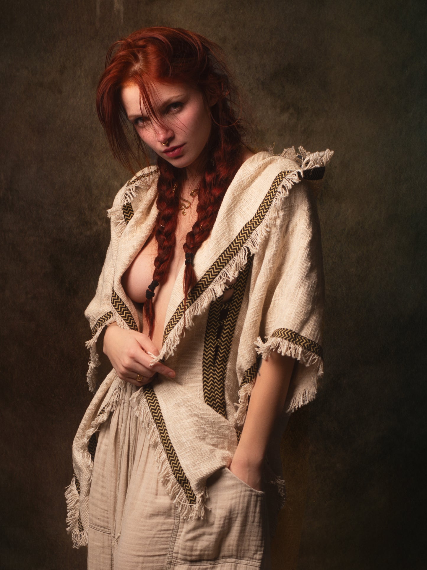 WIZARD Womens Hooded Vest Kimono Beige Tribal Ritual Ceremony Shamanic Gypsy Festival Magic Ritual Alchemy Primitive Rave Boho Earthy AJJAYA