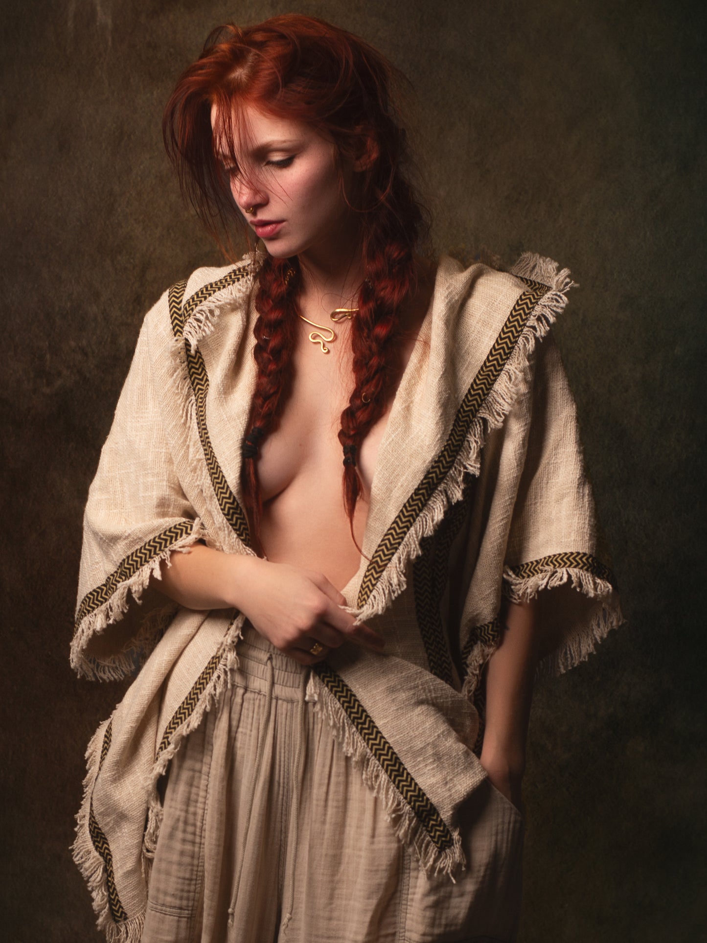 WIZARD Womens Hooded Vest Kimono Beige Tribal Ritual Ceremony Shamanic Gypsy Festival Magic Ritual Alchemy Primitive Rave Boho Earthy AJJAYA