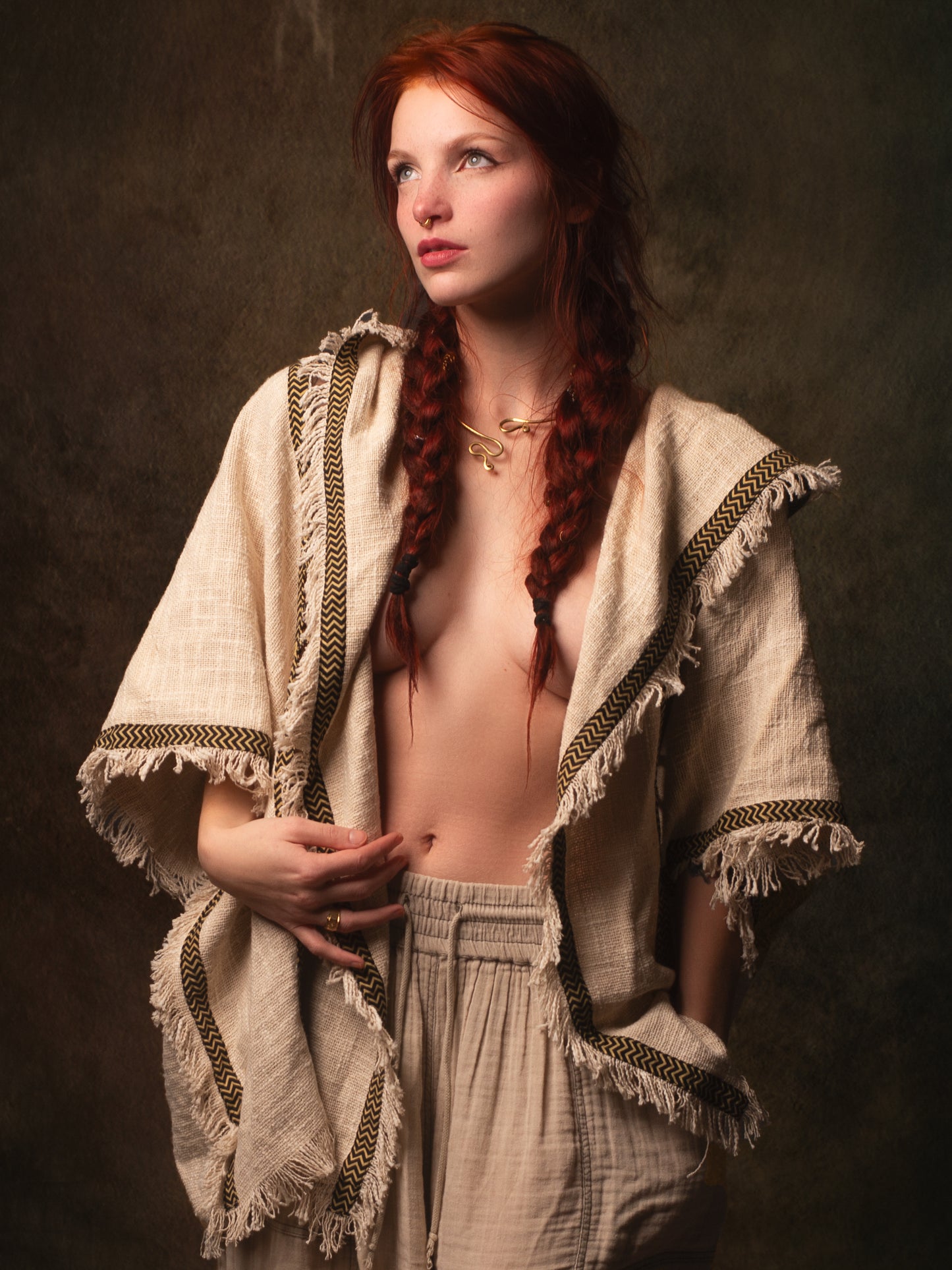 WIZARD Womens Hooded Vest Kimono Beige Tribal Ritual Ceremony Shamanic Gypsy Festival Magic Ritual Alchemy Primitive Rave Boho Earthy AJJAYA