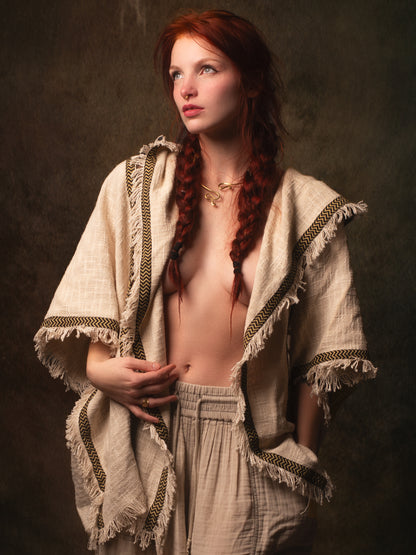 WIZARD Womens Hooded Vest Kimono Beige Tribal Ritual Ceremony Shamanic Gypsy Festival Magic Ritual Alchemy Primitive Rave Boho Earthy AJJAYA