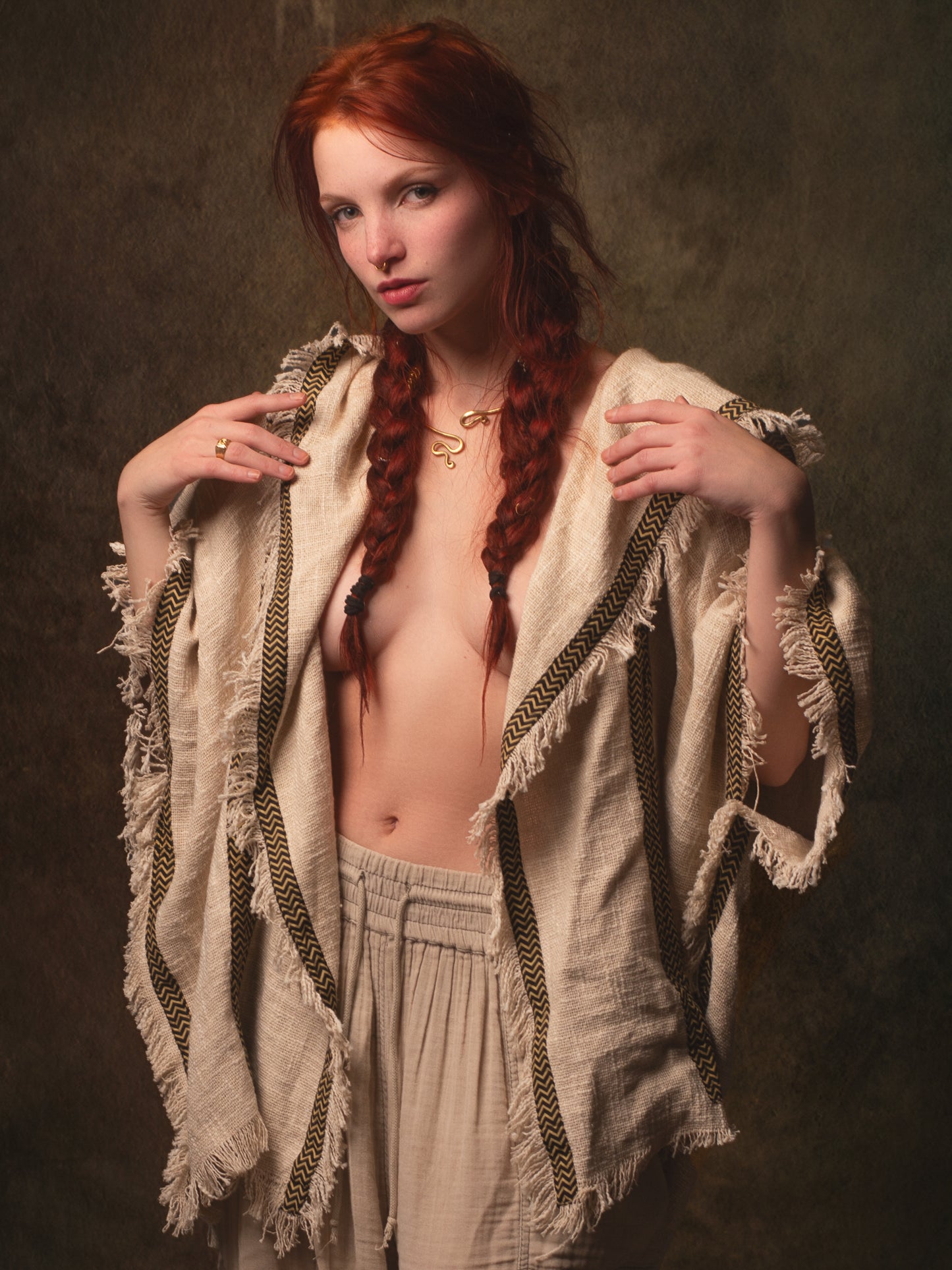 WIZARD Womens Hooded Vest Kimono Beige Tribal Ritual Ceremony Shamanic Gypsy Festival Magic Ritual Alchemy Primitive Rave Boho Earthy AJJAYA