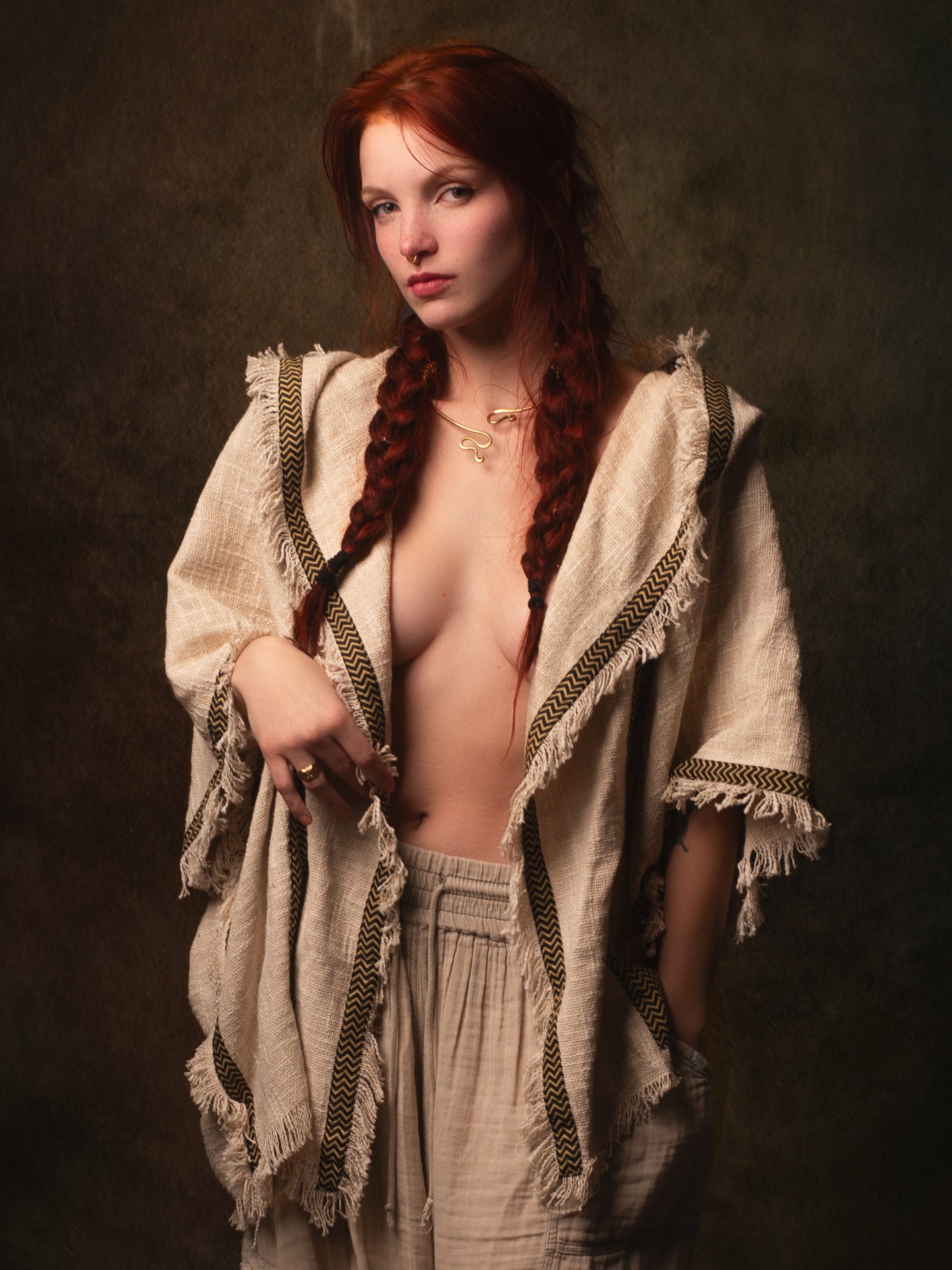 WIZARD Womens Hooded Vest Kimono Beige Tribal Ritual Ceremony Shamanic Gypsy Festival Magic Ritual Alchemy Primitive Rave Boho Earthy AJJAYA