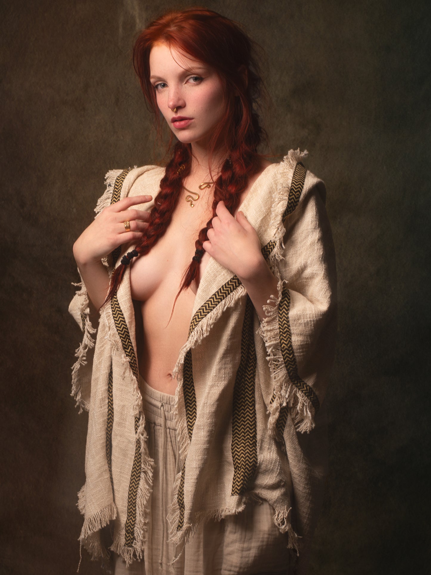 WIZARD Womens Hooded Vest Kimono Beige Tribal Ritual Ceremony Shamanic Gypsy Festival Magic Ritual Alchemy Primitive Rave Boho Earthy AJJAYA