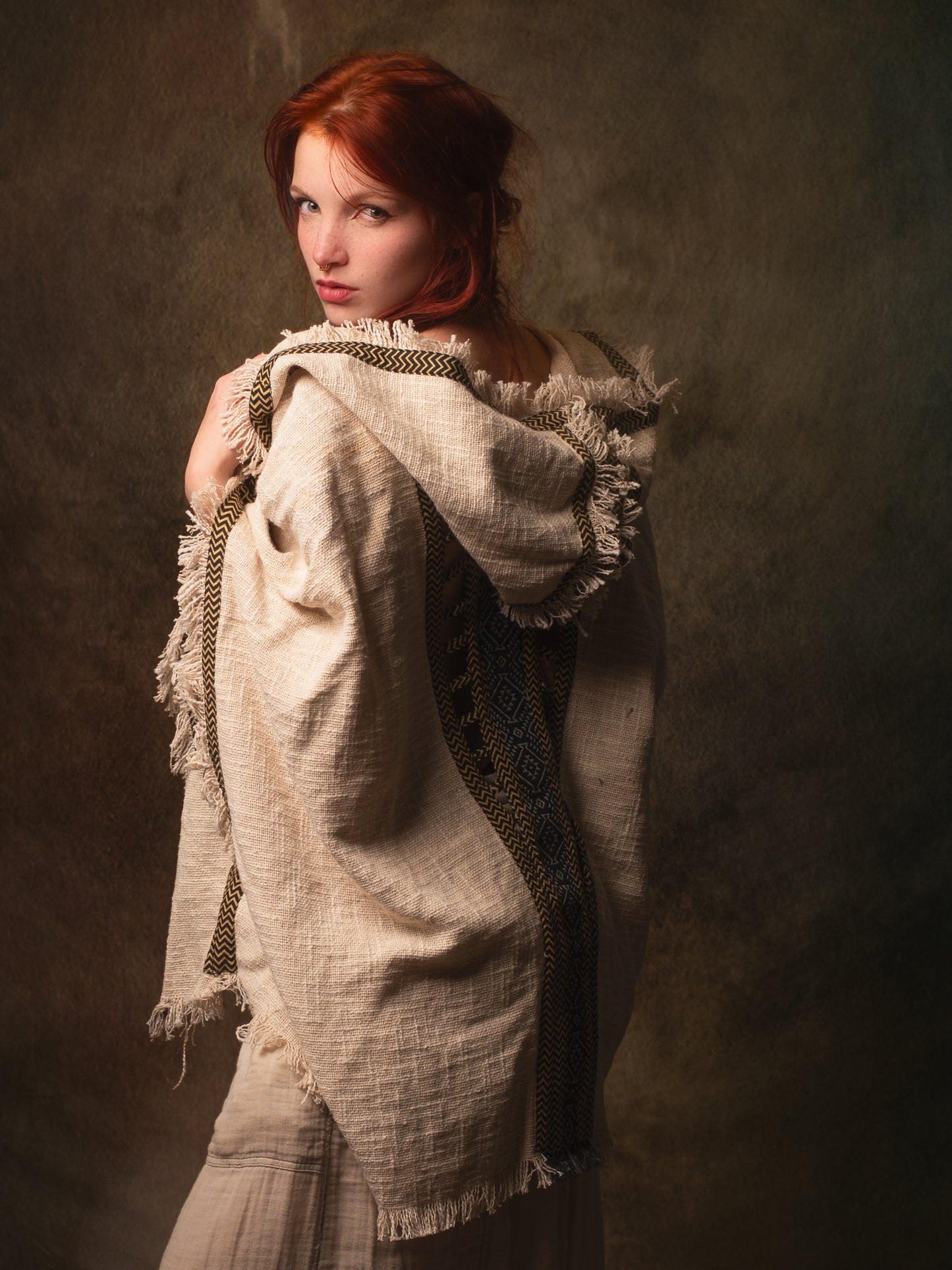 WIZARD Womens Hooded Vest Kimono Beige Tribal Ritual Ceremony Shamanic Gypsy Festival Magic Ritual Alchemy Primitive Rave Boho Earthy AJJAYA