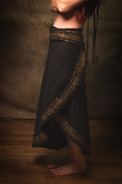 NYRA Wrap Skirt Black Handmade Natural Cotton Block Printed Tribal Patterns Natural Dyed Fairy Gypsy Boho Festival Ceremony Ritual AJJAYA