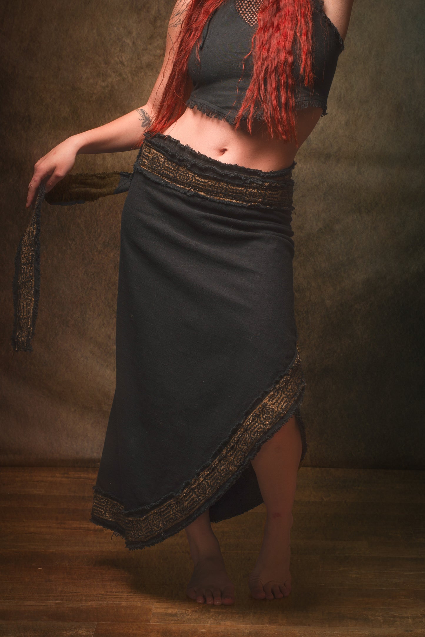 NYRA Wrap Skirt Black Handmade Natural Cotton Block Printed Tribal Patterns Natural Dyed Fairy Gypsy Boho Festival Ceremony Ritual AJJAYA