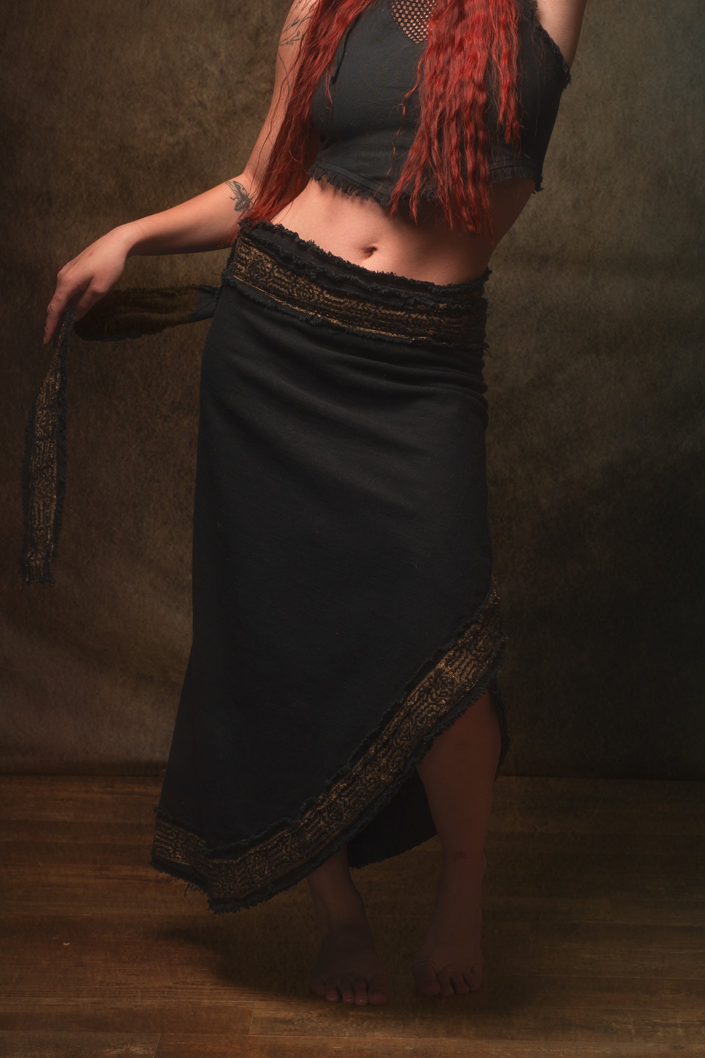 NYRA Wrap Skirt Black Handmade Natural Cotton Block Printed Tribal Patterns Natural Dyed Fairy Gypsy Boho Festival Ceremony Ritual AJJAYA