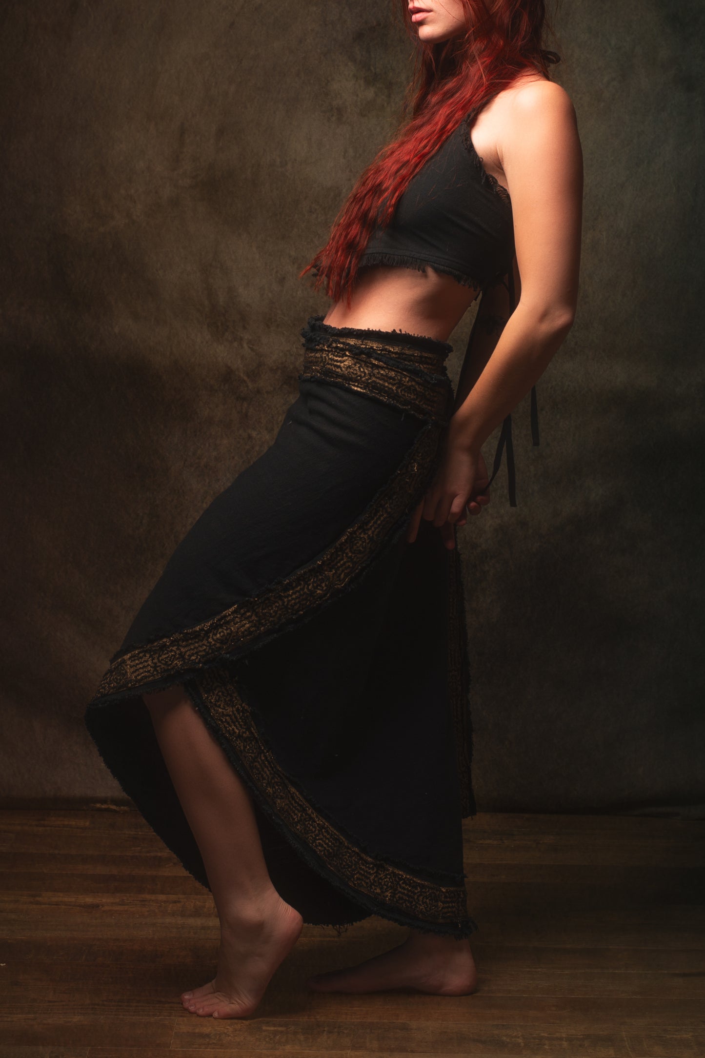 NYRA Wrap Skirt Black Handmade Natural Cotton Block Printed Tribal Patterns Natural Dyed Fairy Gypsy Boho Festival Ceremony Ritual AJJAYA