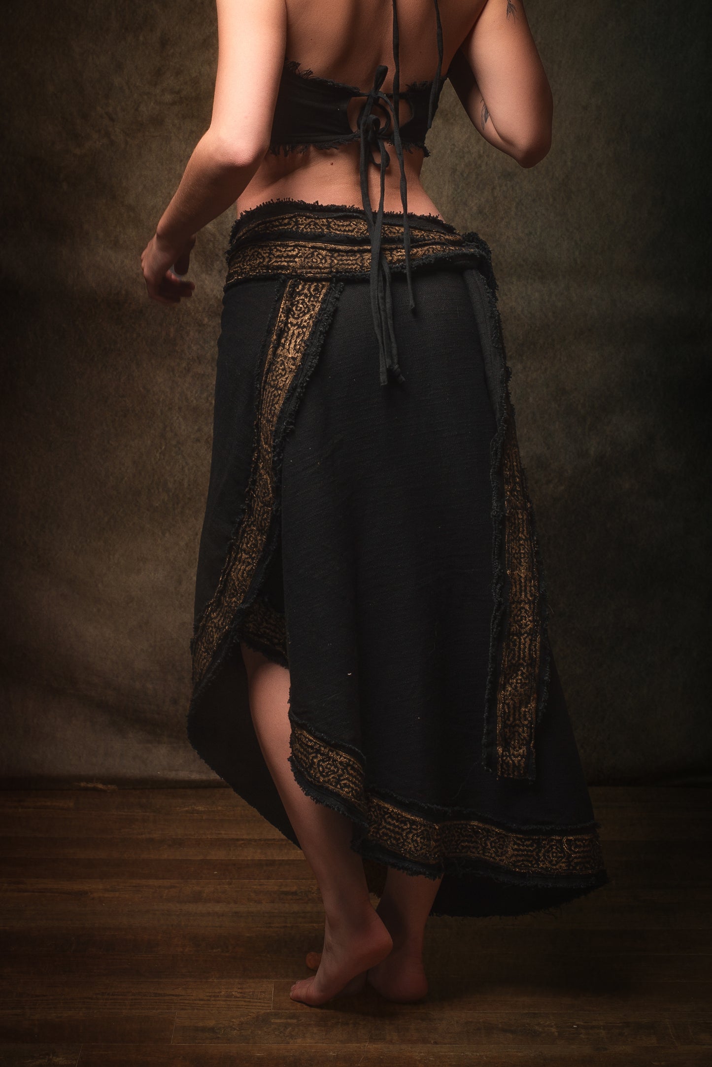 NYRA Wrap Skirt Black Handmade Natural Cotton Block Printed Tribal Patterns Natural Dyed Fairy Gypsy Boho Festival Ceremony Ritual AJJAYA