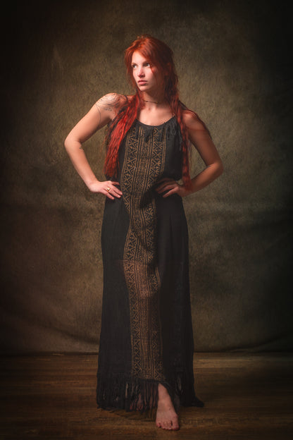 ORENDA Evening Maxi Dress Black Ankle Length Natural Dyed Cotton Block Printed Patterns Ceremony Fairy Gypsy Boho Festival AJJAYA