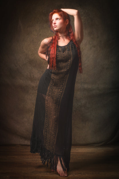 ORENDA Evening Maxi Dress Black Ankle Length Natural Dyed Cotton Block Printed Patterns Ceremony Fairy Gypsy Boho Festival AJJAYA
