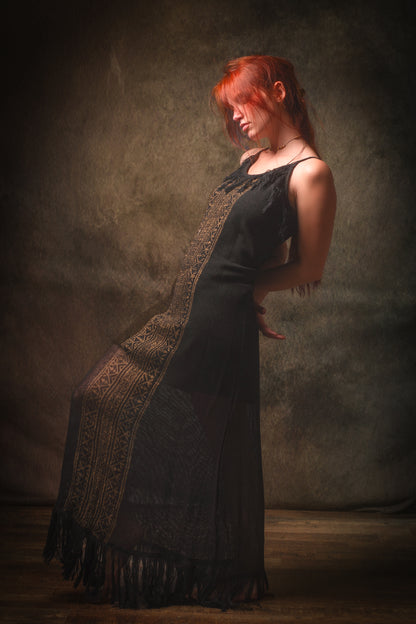 ORENDA Evening Maxi Dress Black Ankle Length Natural Dyed Cotton Block Printed Patterns Ceremony Fairy Gypsy Boho Festival AJJAYA
