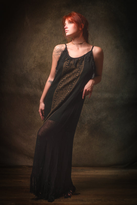 ORENDA Evening Maxi Dress Black Ankle Length Natural Dyed Cotton Block Printed Patterns Ceremony Fairy Gypsy Boho Festival AJJAYA