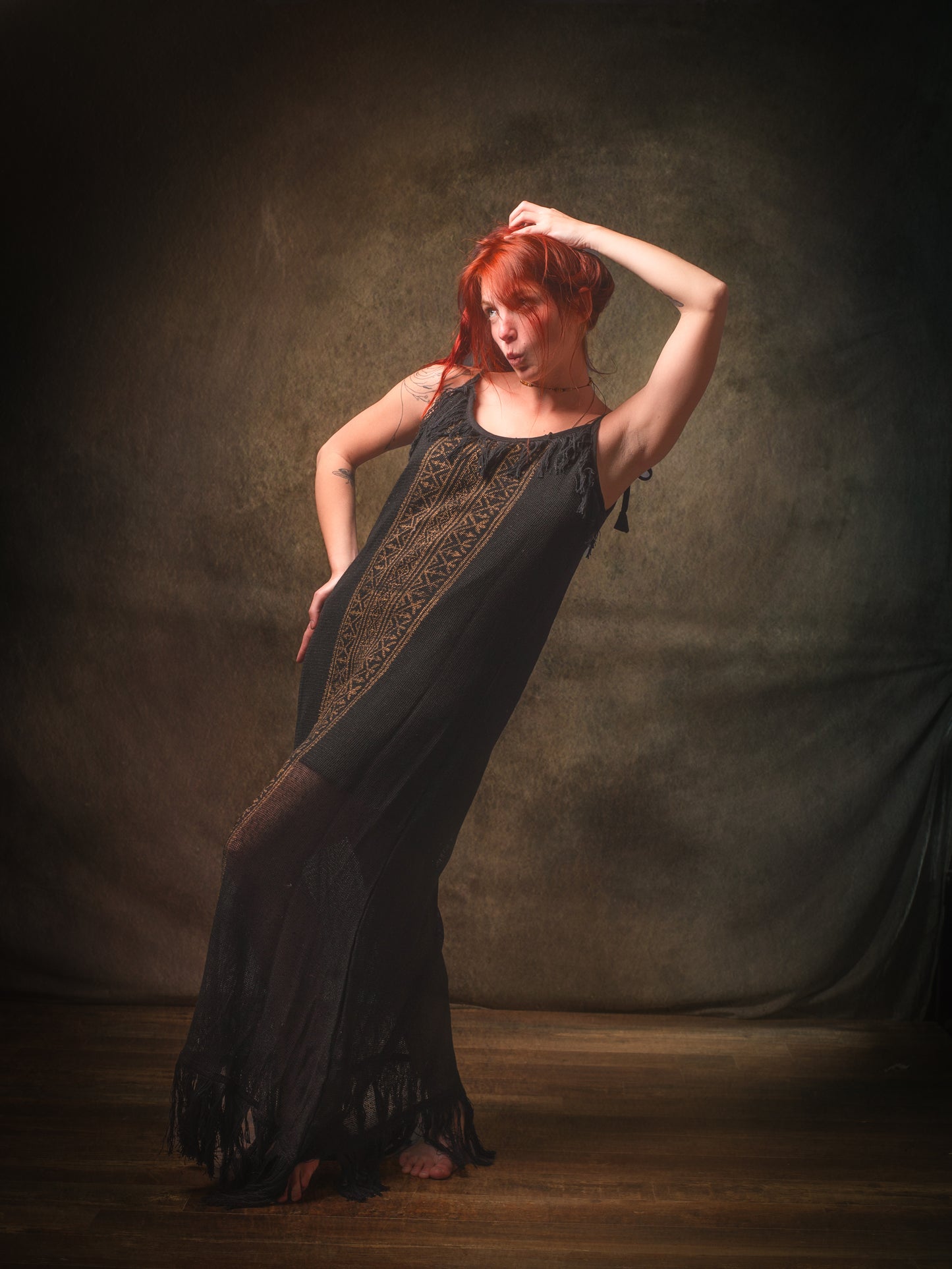 ORENDA Evening Maxi Dress Black Ankle Length Natural Dyed Cotton Block Printed Patterns Ceremony Fairy Gypsy Boho Festival AJJAYA