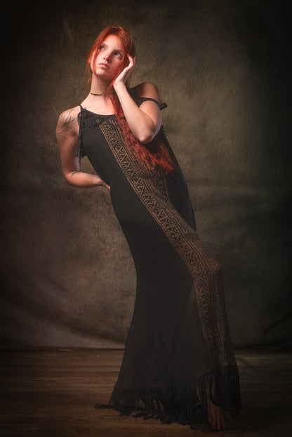 ORENDA Evening Maxi Dress Black Ankle Length Natural Dyed Cotton Block Printed Patterns Ceremony Fairy Gypsy Boho Festival AJJAYA