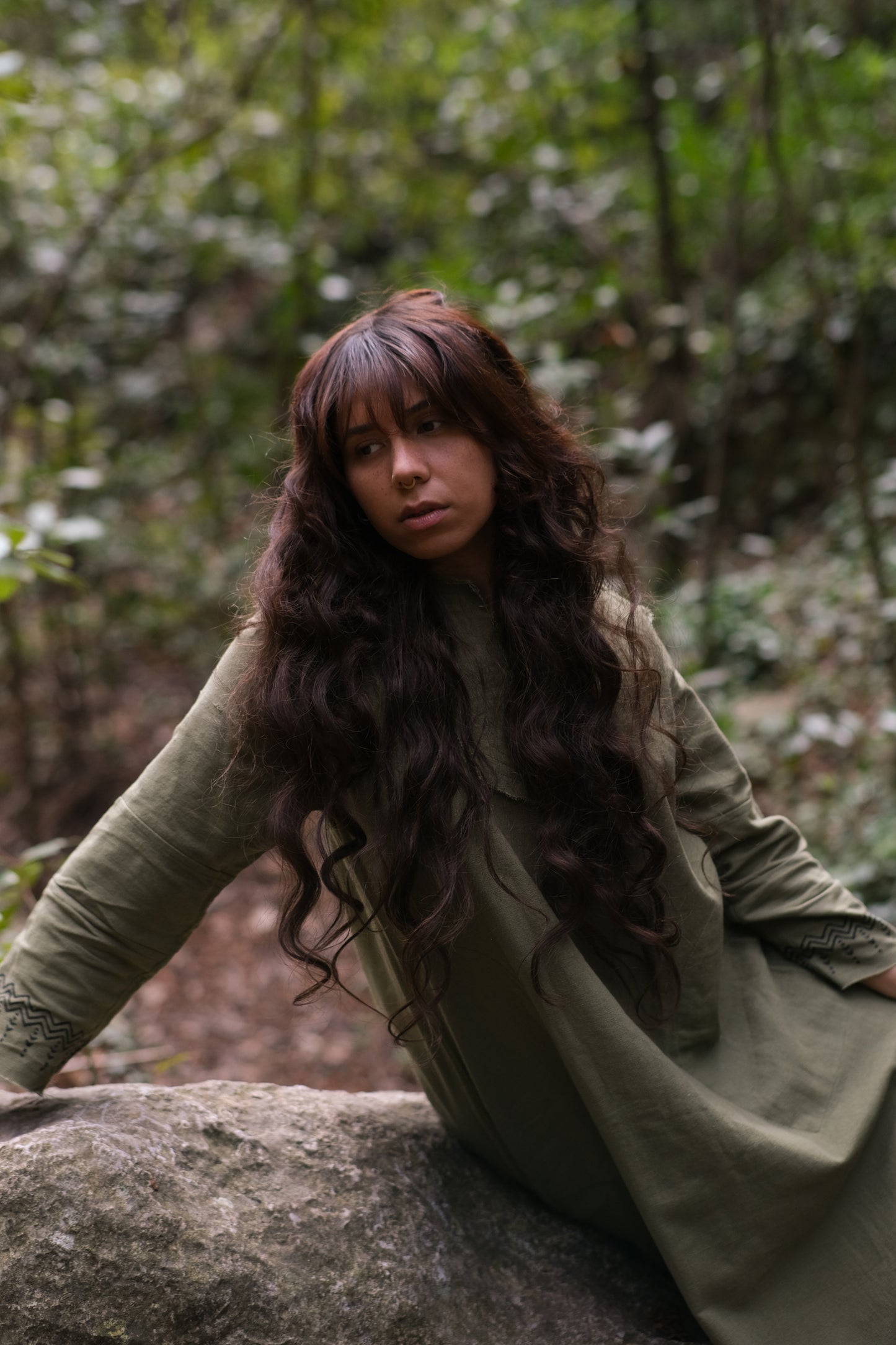 YOSEPH Green Aramaic Gown Womens Kurta Long Top Dress Shirt Natural Cotton Handwoven Block Natural Plant Dye Ceremony AJJAYA