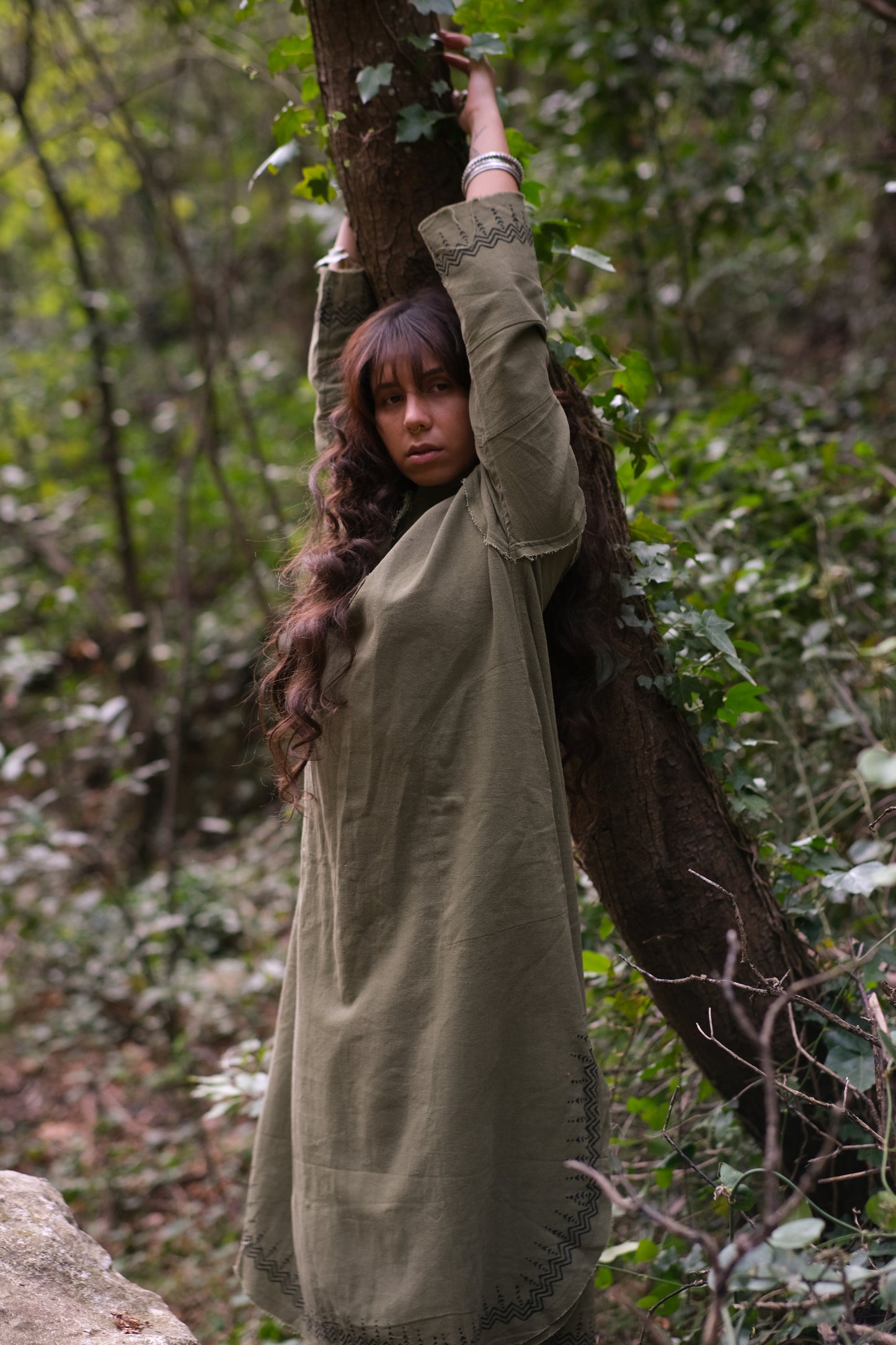 YOSEPH Green Aramaic Gown Womens Kurta Long Top Dress Shirt Natural Cotton Handwoven Block Natural Plant Dye Ceremony AJJAYA