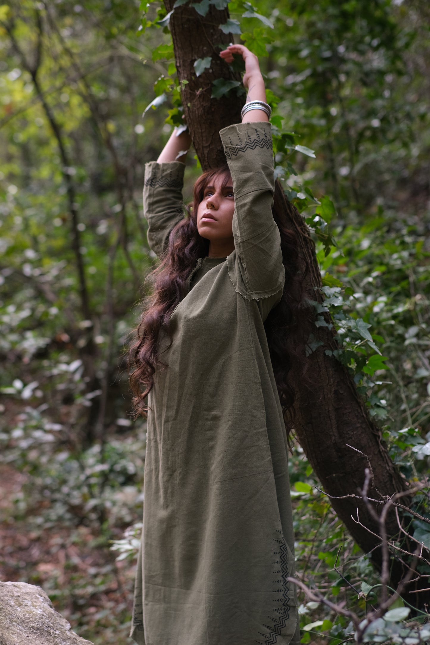 YOSEPH Green Aramaic Gown Womens Kurta Long Top Dress Shirt Natural Cotton Handwoven Block Natural Plant Dye Ceremony AJJAYA