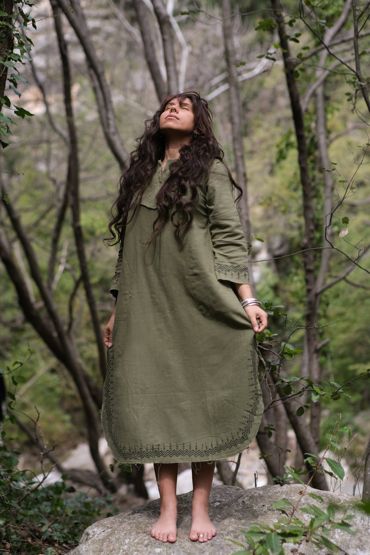 YOSEPH Green Aramaic Gown Womens Kurta Long Top Dress Shirt Natural Cotton Handwoven Block Natural Plant Dye Ceremony AJJAYA