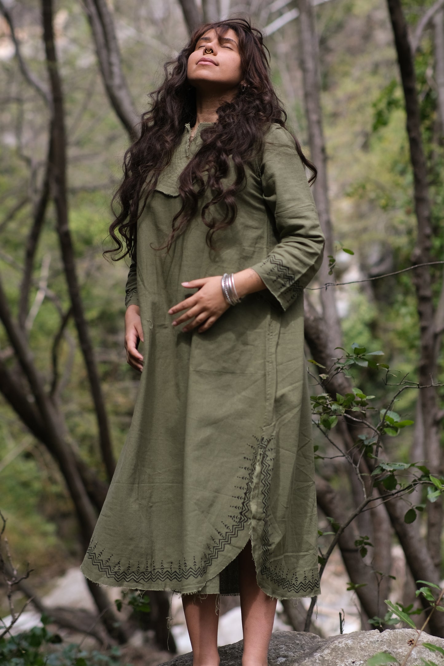 YOSEPH Green Aramaic Gown Womens Kurta Long Top Dress Shirt Natural Cotton Handwoven Block Natural Plant Dye Ceremony AJJAYA