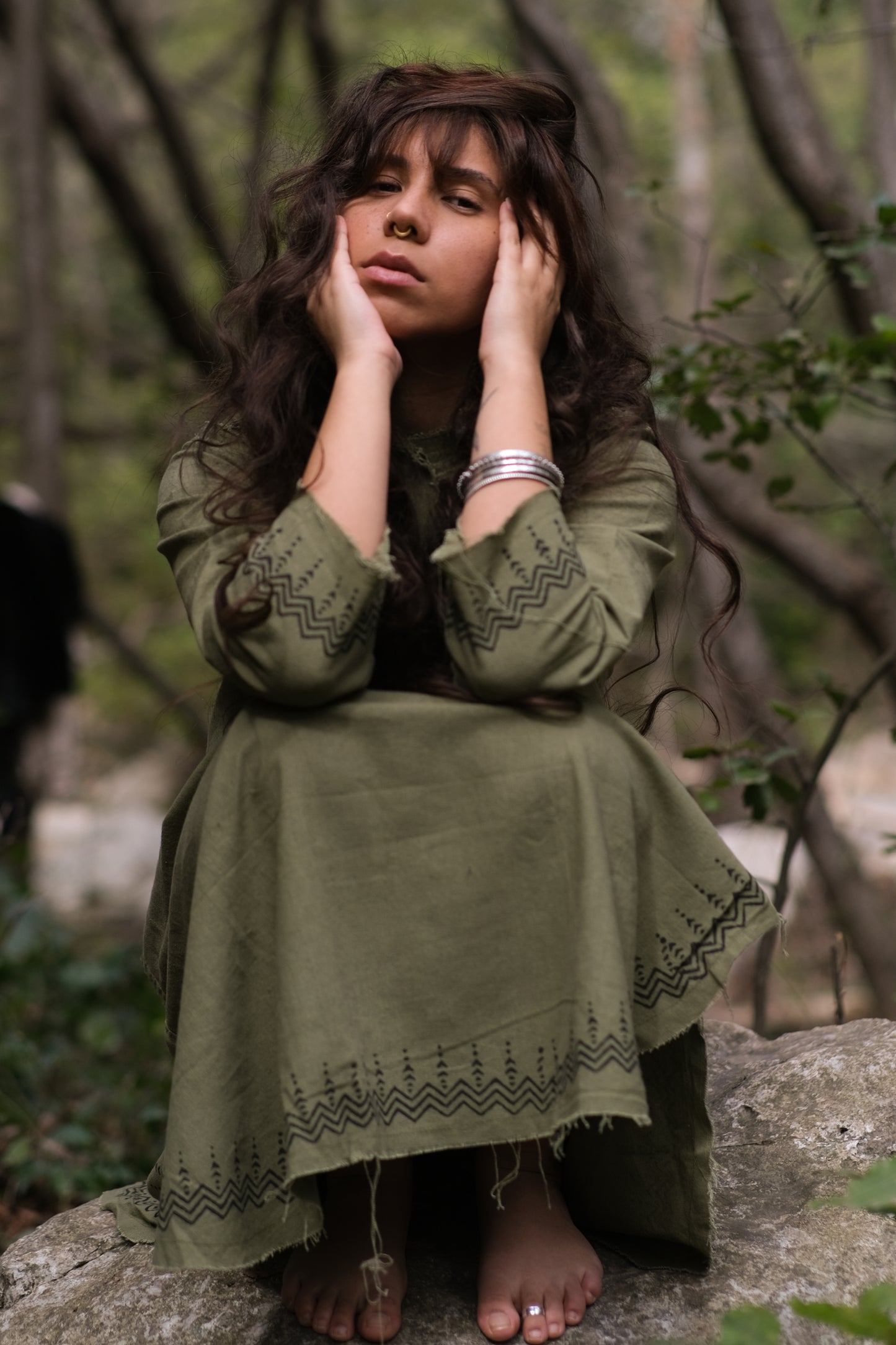 YOSEPH Green Aramaic Gown Womens Kurta Long Top Dress Shirt Natural Cotton Handwoven Block Natural Plant Dye Ceremony AJJAYA