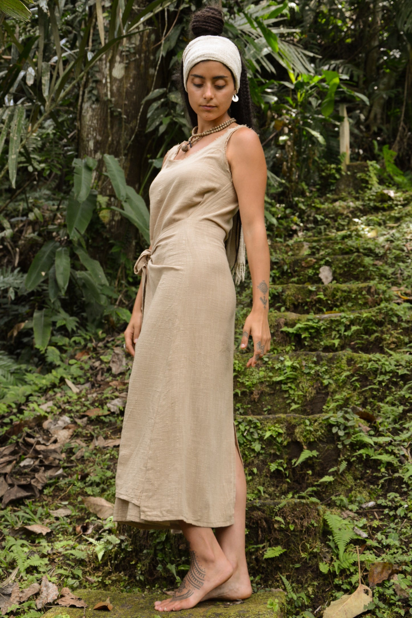 SOFI Wrap Dress Light Brown Soft Breathable Natural Cotton Festival Ritual Resort Womens Boho Wear AJJAYA